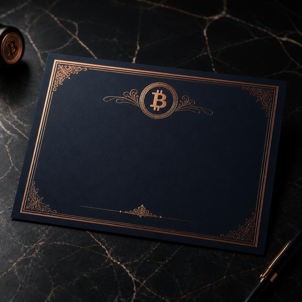 A dark navy Bitcoin education certificate with copper foil border and Bitcoin seal on black marble.
