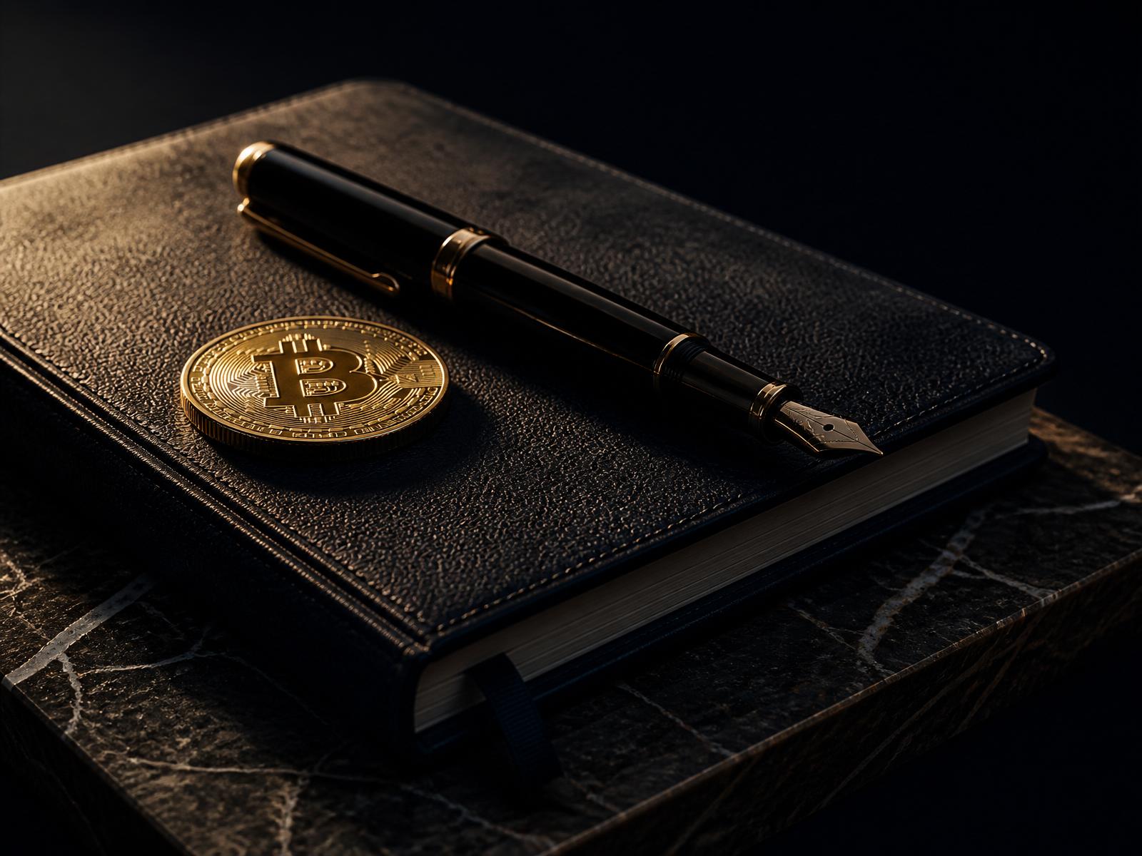 A black leather notebook, heavy fountain pen, and a Bitcoin coin on dark marble.