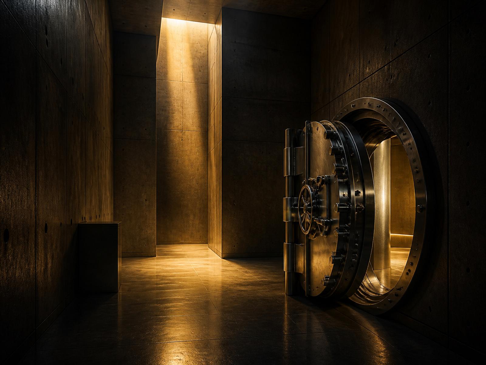 A concrete bank vault interior lit by warm golden light.